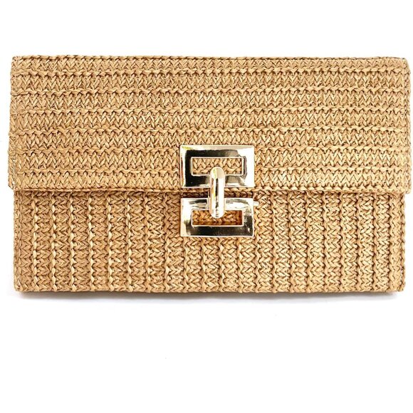 Accessories - Apricot Summer Straw Clutch Women's Rattan Beach Bag with Snap Closure